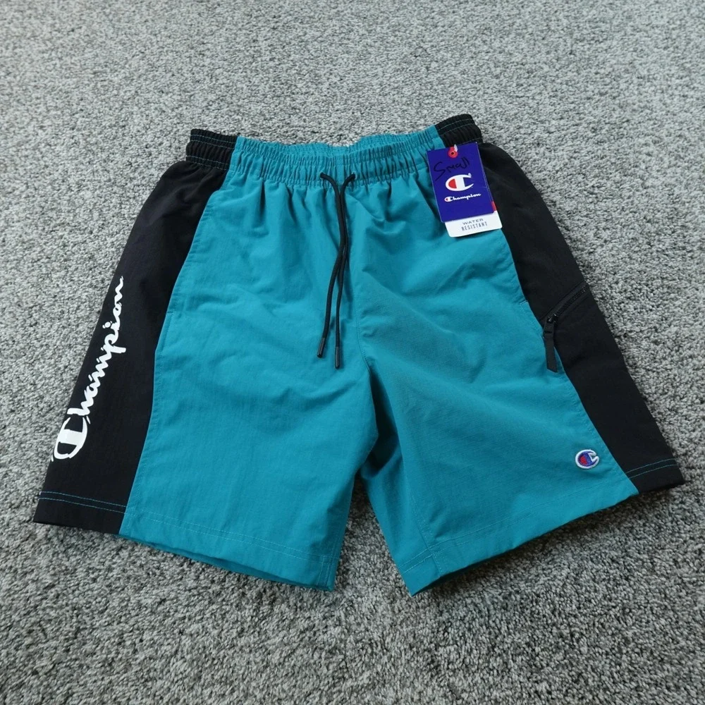 NEW Champion Shorts Mens S Blue Black Drawstring Water Resistant Swim Trunks Gym